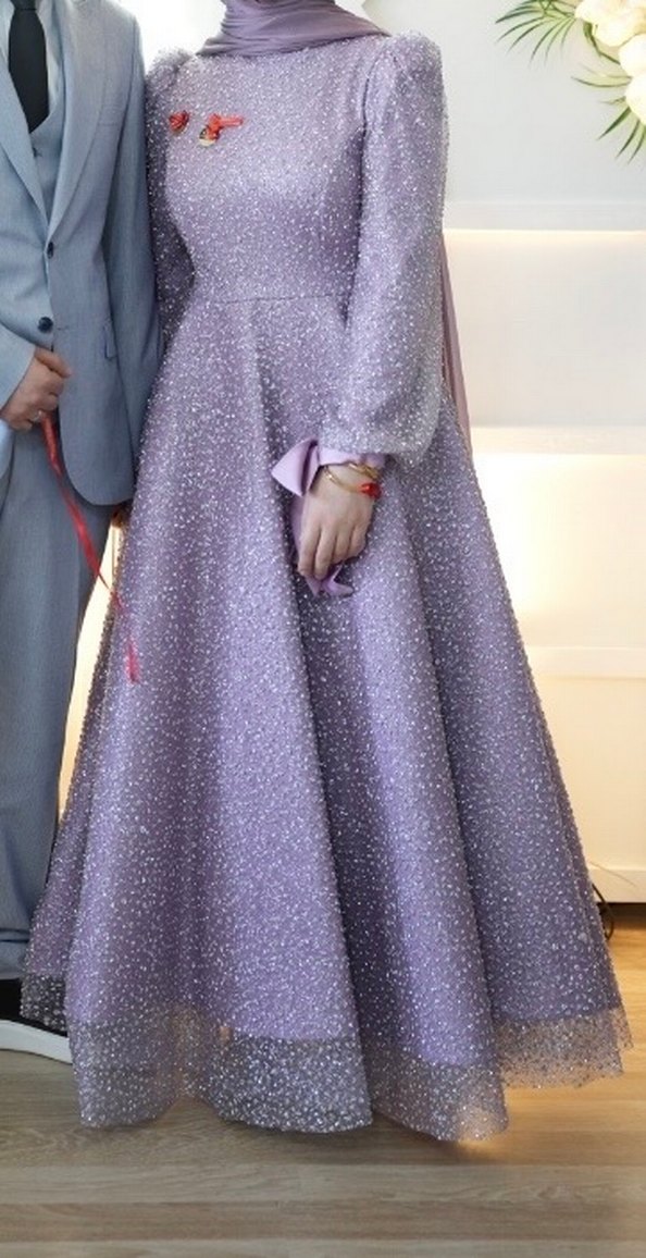 Uzun Kollu Mor İşlemeli Kadın Abiye Elbise - Görsel 3