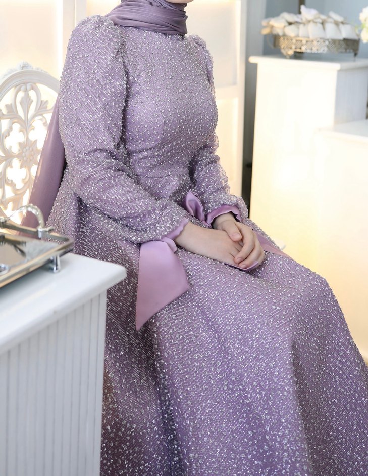 Uzun Kollu Mor İşlemeli Kadın Abiye Elbise - Görsel 2