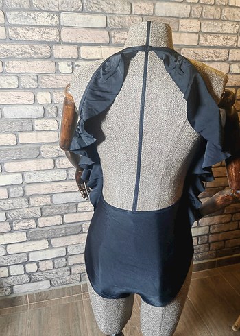 Siyah, Kuşaklı, Uzun Boy Bohem Mayo fırfırlı - Görsel 3