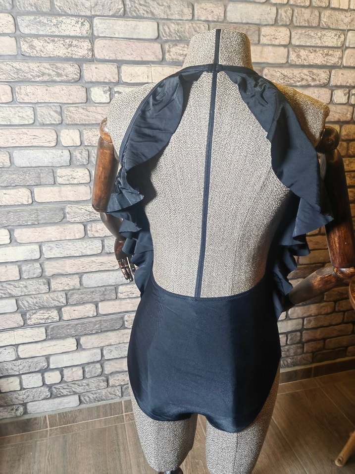 Siyah, Kuşaklı, Uzun Boy Bohem Mayo fırfırlı - Görsel 3