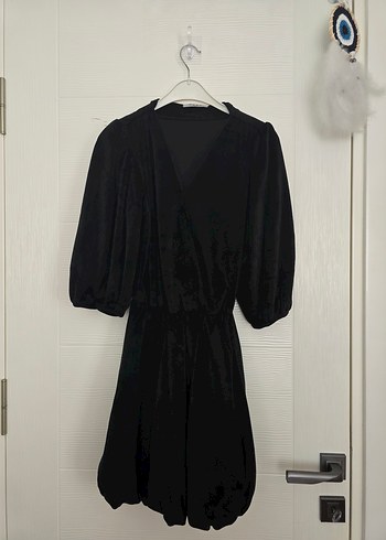 Siyah Uzun V Yaka Drapeli Kadın Elbise - Görsel 2