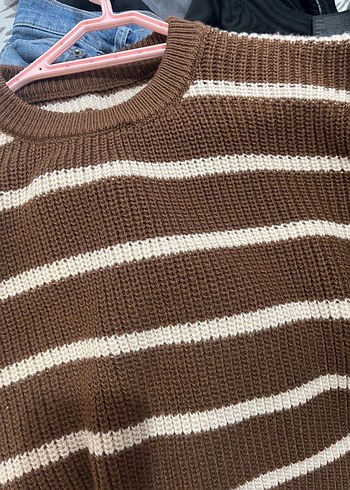 Kadın Kahverengi Çizgili Örgü Kazak - Görsel 3