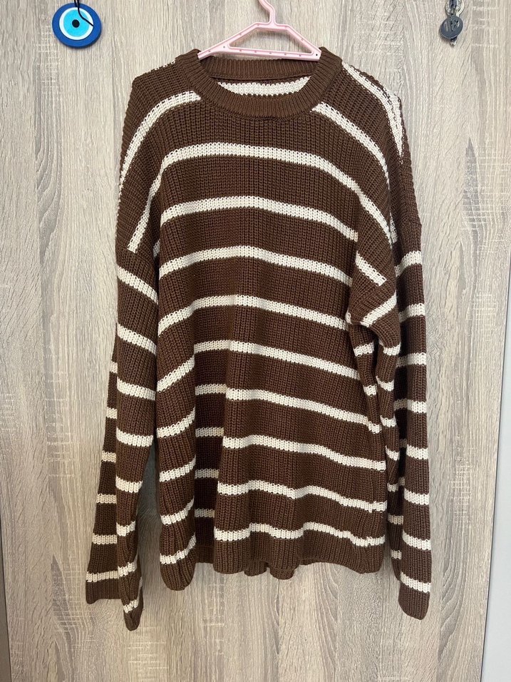 Kadın Kahverengi Çizgili Örgü Kazak - Görsel 2