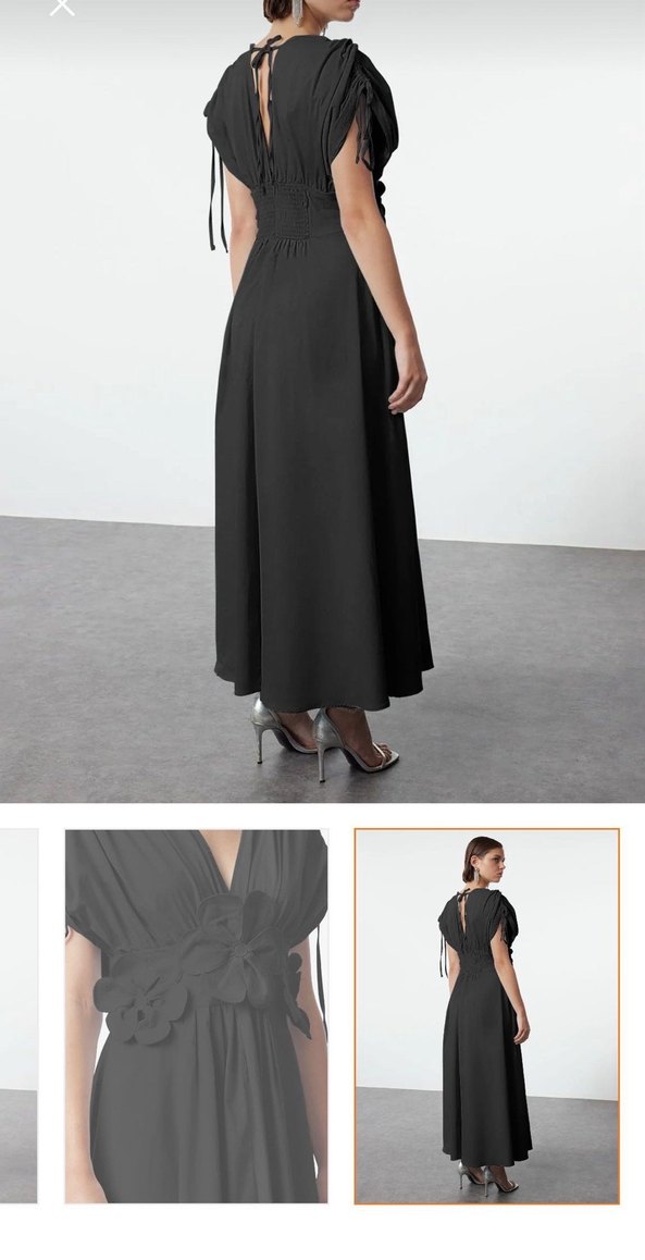 Siyah V Yaka Drapeli Uzun Elbise - Görsel 2