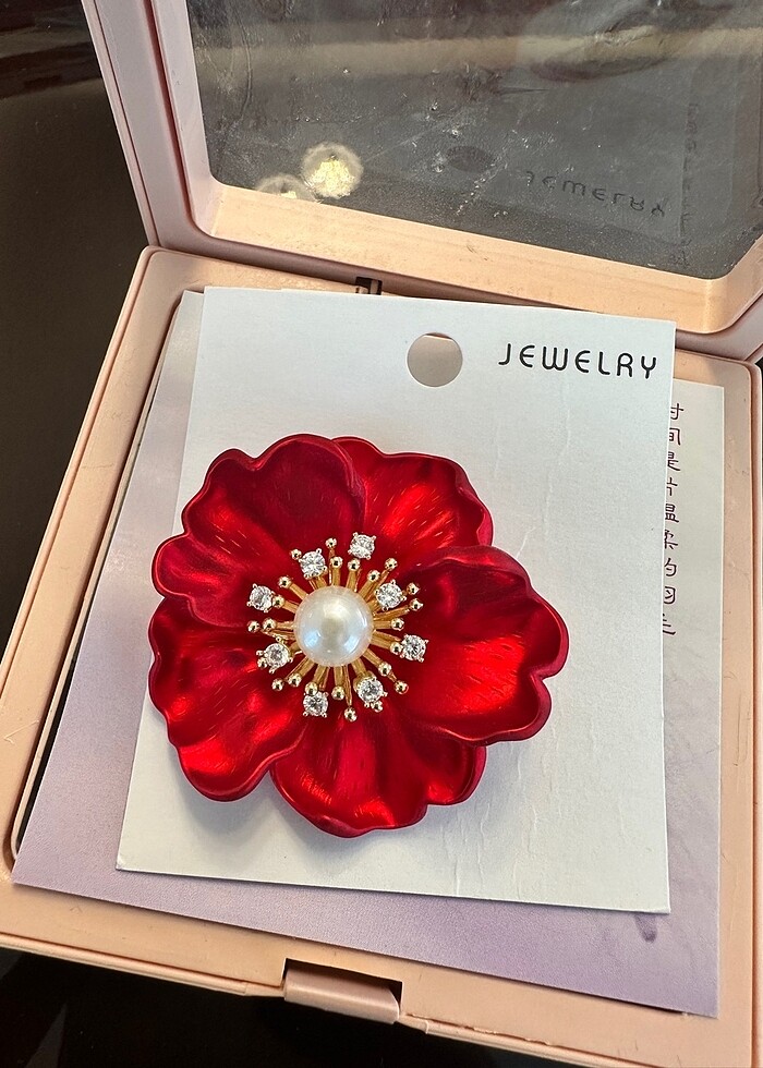 Kırmızı incili çiçek broş - Görsel 2