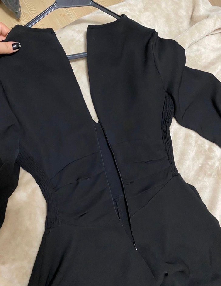 Siyah V Yaka Drapeli Uzun Kollu Midi Elbise - Görsel 5