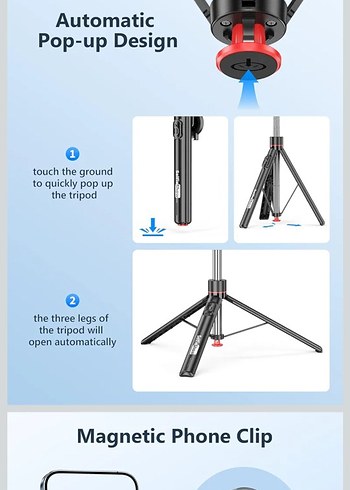 Manyetik Tripod Uzaktan Kumandalı 360° Dönebilen Uzatılabilir - Görsel 2
