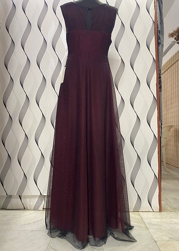 Bordo Uzun Drapeli Kadın Abiye Elbise - Görsel 6