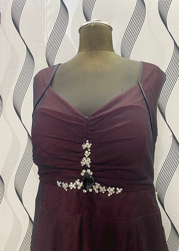 Bordo Uzun Drapeli Kadın Abiye Elbise - Görsel 3