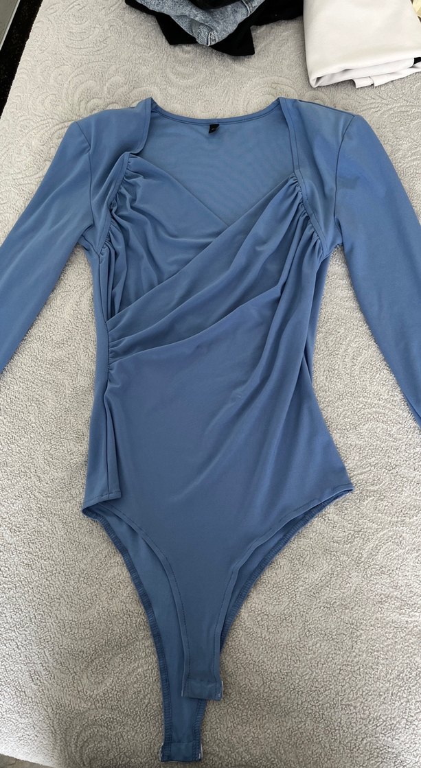 Drapeli V Yaka Mavi Uzun Kollu Bluz - Görsel 5