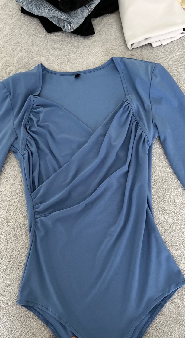 Drapeli V Yaka Mavi Uzun Kollu Bluz - Görsel 2