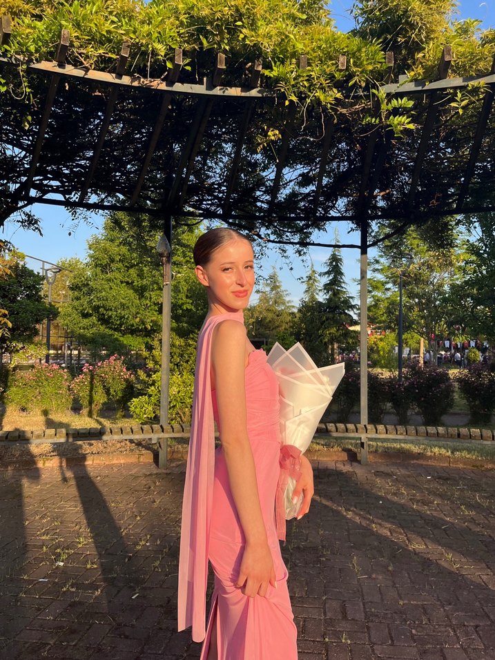 Pembe Drapeli Uzun Kadın Elbise - Görsel 3