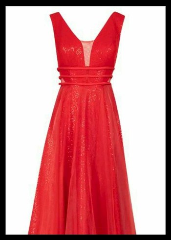 Kırmızı V Yaka Uzun Abiye Elbise - Görsel 5