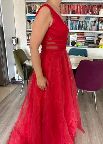 Kırmızı V Yaka Uzun Abiye Elbise - Görsel 4