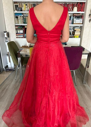 Kırmızı V Yaka Uzun Abiye Elbise - Görsel 2