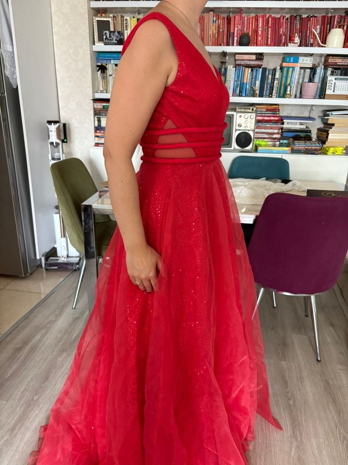 Kırmızı V Yaka Uzun Abiye Elbise - Görsel 4