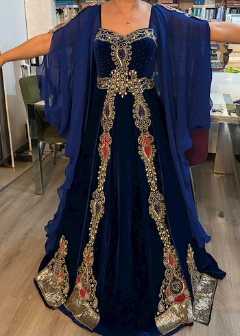 Uzun Kollu Straplez Mavi Kaftan Elbise - Görsel 2