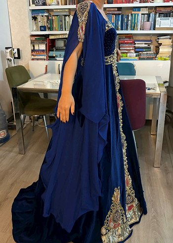 Uzun Kollu Straplez Mavi Kaftan Elbise - Görsel 3