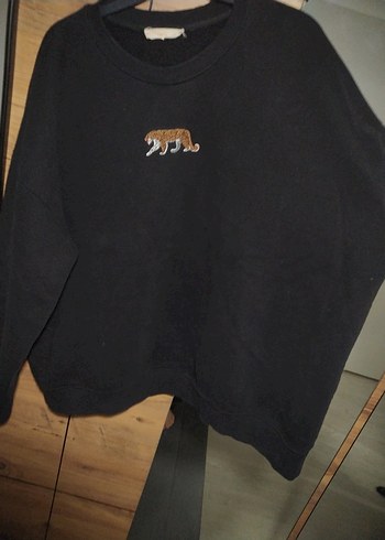 l Beden Siyah Leopar Desenli Oversize Kadın Sweatshirt