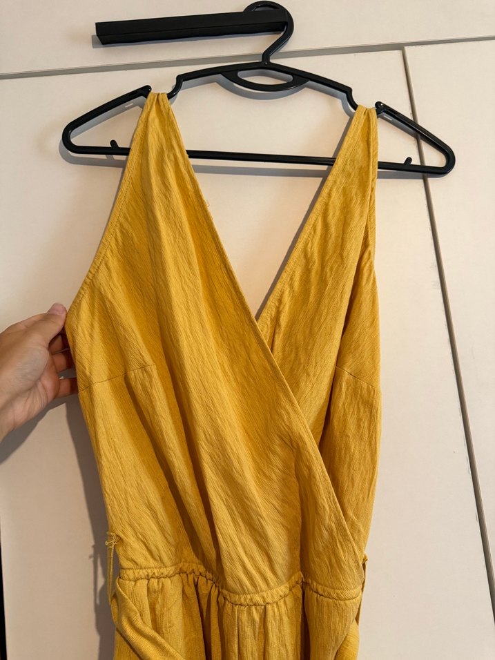 Sarı Keten Uzun kruvaze Elbise - Görsel 2