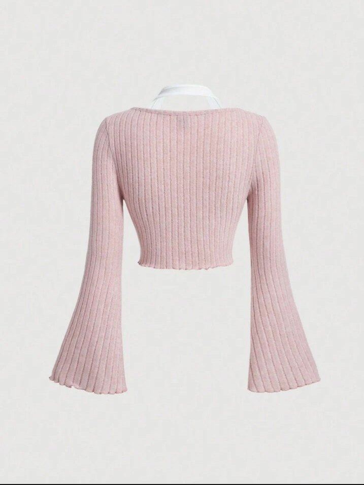 Pembe V Yaka Triko Bluz - Görsel 2