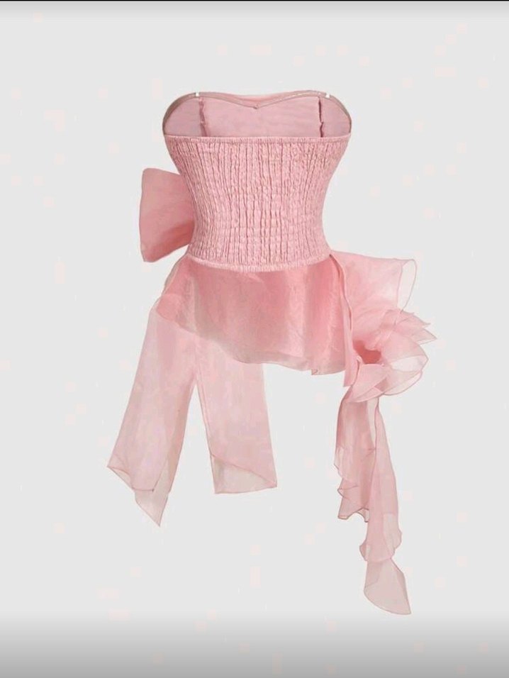 Pembe Fiyonklu Mini Straplez Bluz - Görsel 2