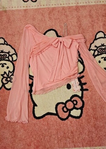 Pembe Fiyonk Detaylı Uzun Kollu Tül Bluz - Görsel 3