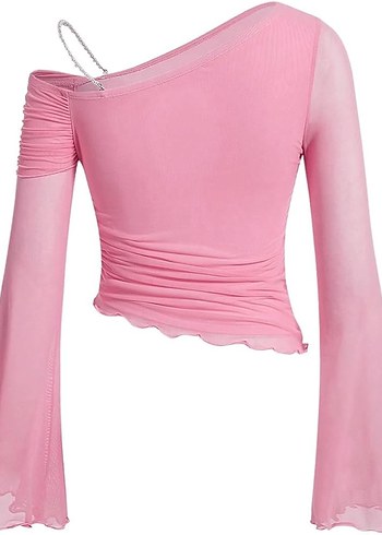 Pembe Fiyonk Detaylı Uzun Kollu Tül Bluz - Görsel 2