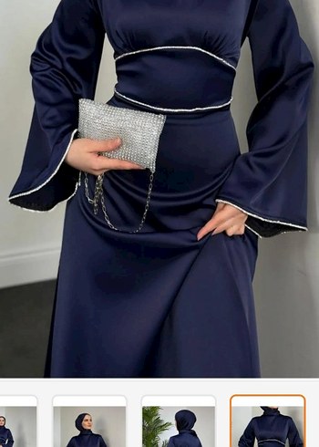 Lacivert V Yakalı Uzun Saten Elbise - Görsel 6