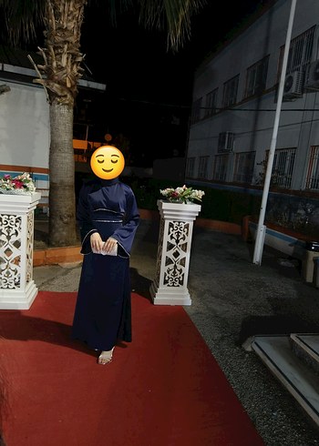 Lacivert V Yakalı Uzun Saten Elbise - Görsel 5