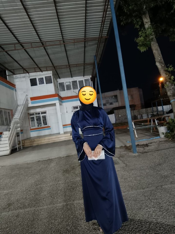 Lacivert V Yakalı Uzun Saten Elbise - Görsel 4