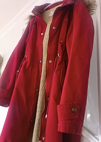 Kürklü Kırmızı Kadın Uzun Mont - Görsel 3