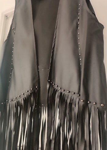 Siyah Deri Püsküllü Uzun Kadın Yelek - Görsel 4