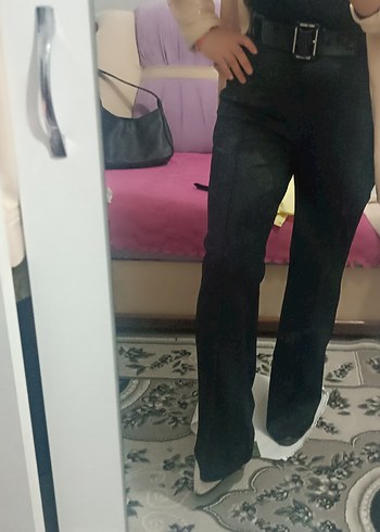 Parlak Siyah Pilili Midi Kumaş Pantolon - Görsel 7