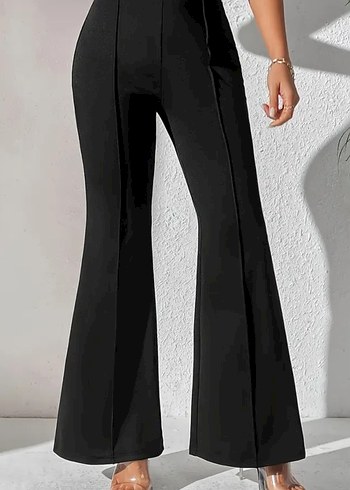 Parlak Siyah Pilili Midi Kumaş Pantolon - Görsel 2