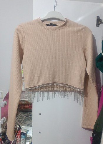 Bej Kısa Triko Kadın Kazak esnektir - Görsel 3