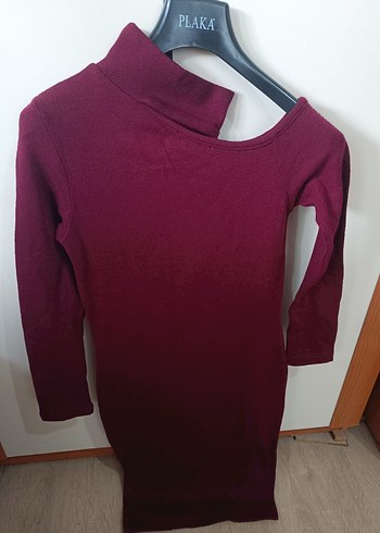 Bordo Yüksek Yakalı Kadın Triko Elbise - Görsel 2