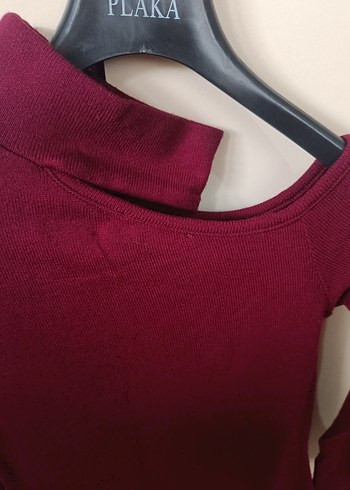 Bordo Yüksek Yakalı Kadın Triko Elbise - Görsel 3