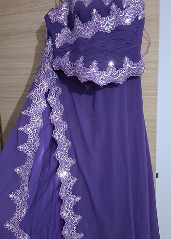 Mor İşlemeli Uzun Straplez Abiye Elbise - Görsel 3