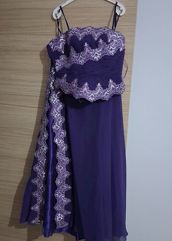 Mor İşlemeli Uzun Straplez Abiye Elbise - Görsel 4