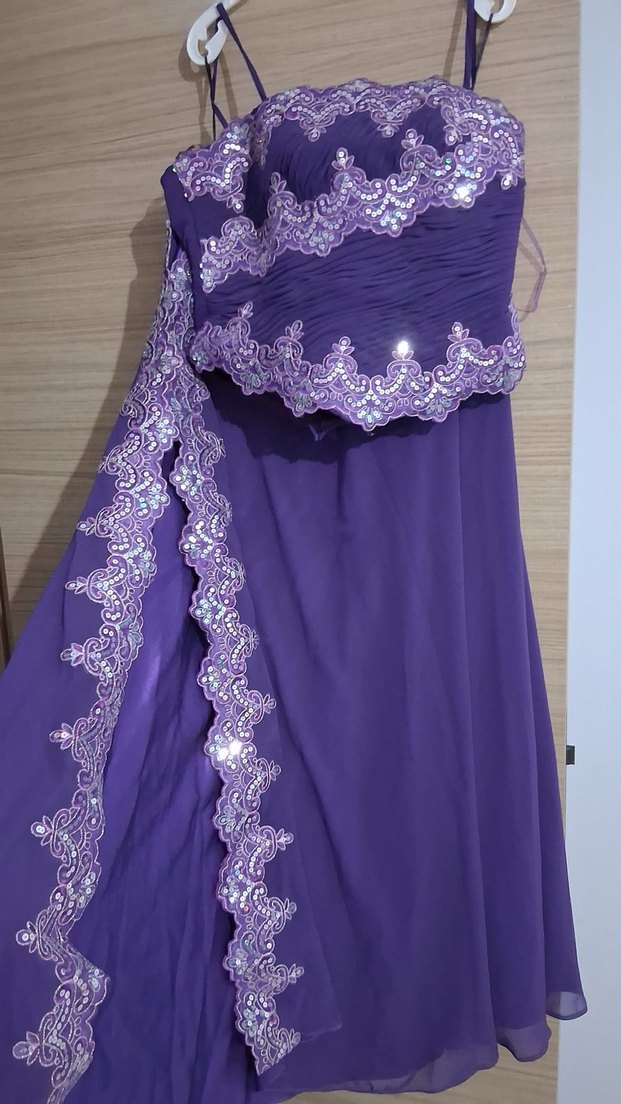 Mor İşlemeli Uzun Straplez Abiye Elbise - Görsel 3