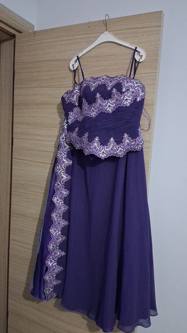 Mor İşlemeli Uzun Straplez Abiye Elbise - Görsel 5