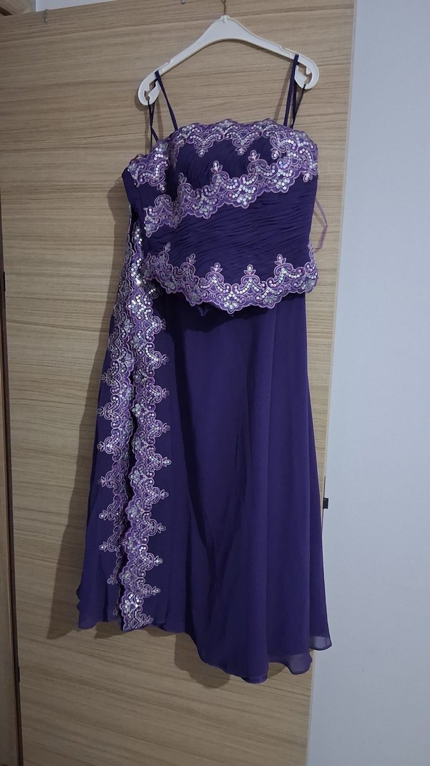 Mor İşlemeli Uzun Straplez Abiye Elbise - Görsel 2