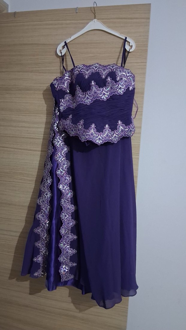 Mor İşlemeli Uzun Straplez Abiye Elbise - Görsel 4