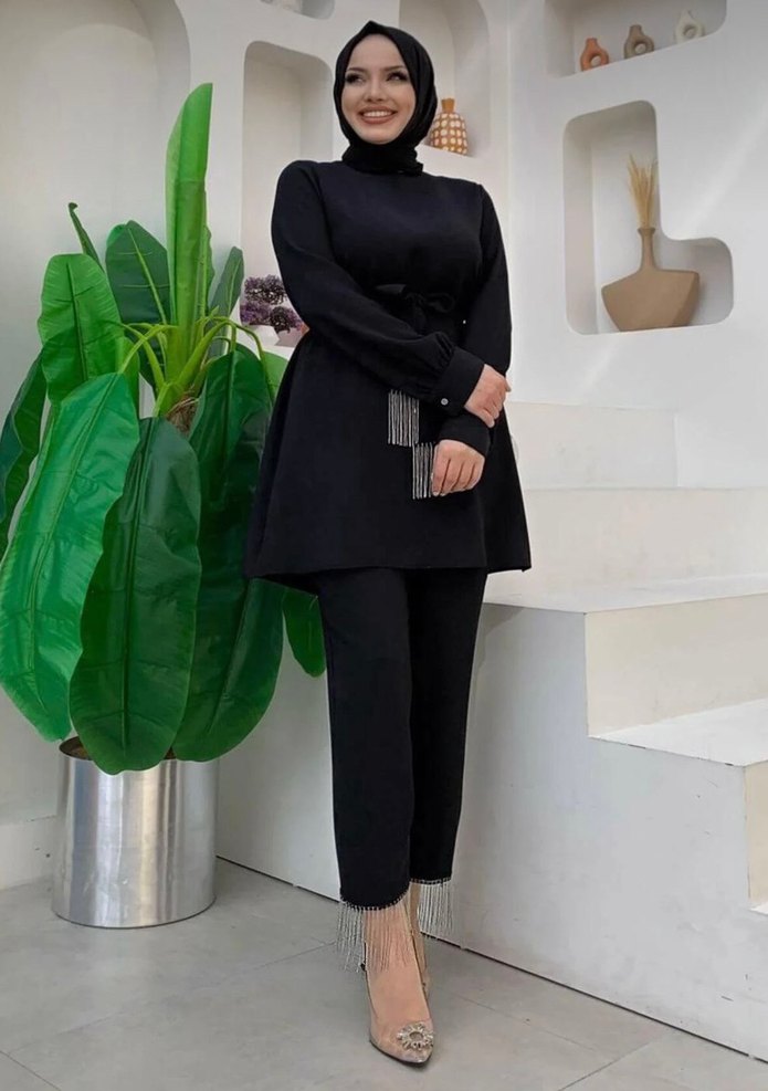 Uzun Kollu Kemerli Siyah Kadın Tunik - Görsel 2