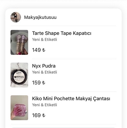 Tarte kapatıcı açık rengi, Nyx pudra, Kiko makyaj çantası