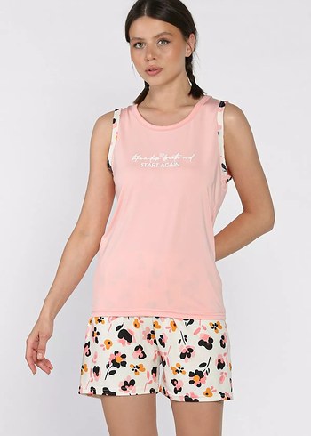 Somon rengi Baskılı Kolsuz Mini Kadın Pijama Takımı