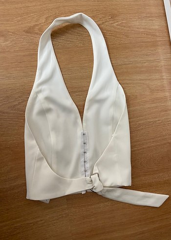 s Beden Beyaz Kemerli Mini Halter Yaka Kadın Yelek