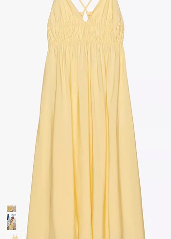 Sarı V Yakalı Uzun Keten Elbise - Görsel 9
