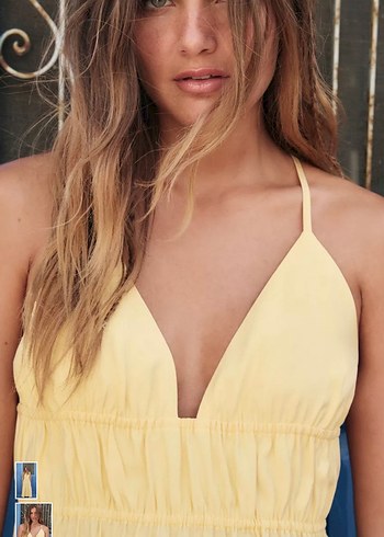 Sarı V Yakalı Uzun Keten Elbise - Görsel 7